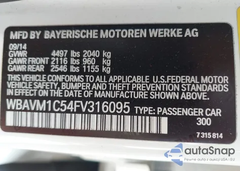 2015 BMW X1 Sdrive28I из США, поврежденный, VIN WBAVM1C54FV316095